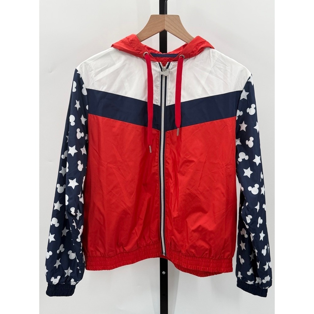 NWOT Disney Mickey Star Print Colorblock Windbreaker Jacket Hooded Zip Up Womens